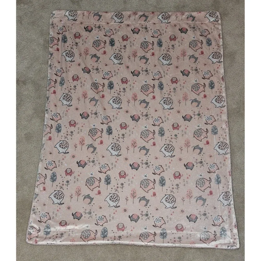 Pink Gray Fleece Baby Blanket Elephants Birds Trees Flowers Leaves White 30x40